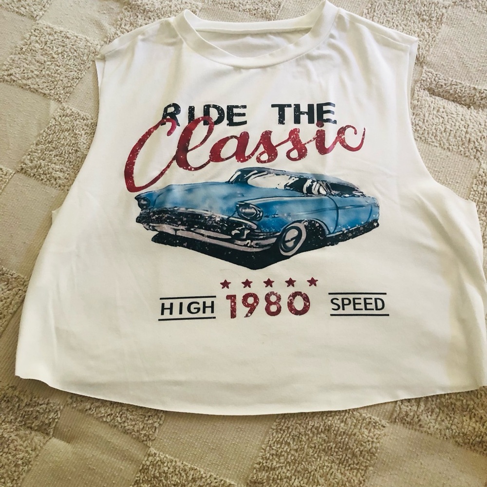 SHEIN White Crop Tank with Blue Classic Car Graphic